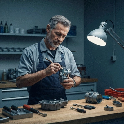 Professional mechanic meticulously cleaning a classic motorcycle carburetor in a clean workshop