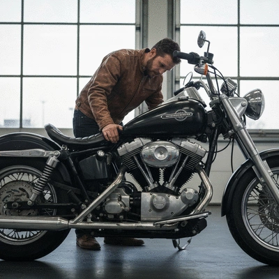 Person inspecting a classic motorcycle engine