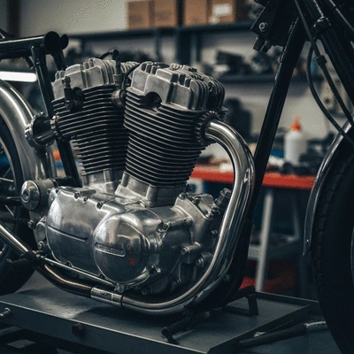 Detailed shot of a classic motorcycle engine being meticulously restored, focus on chrome and polished metal, soft workshop lighting