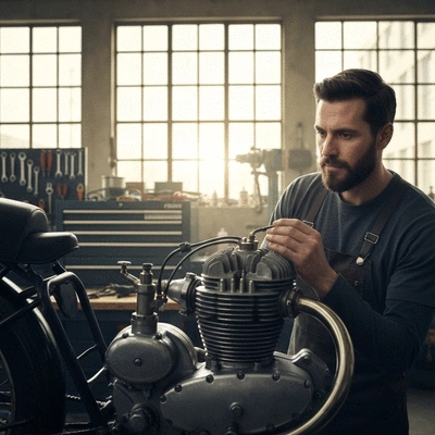 Person inspecting a vintage motorcycle engine, detailed view of mechanics, workshop setting, natural lighting