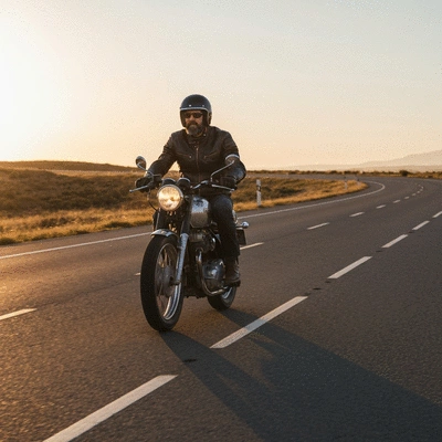 Classic motorcycle enthusiast riding on an open road
