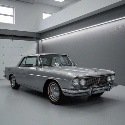 Polished vintage silver coupe parked in a bright modern garage