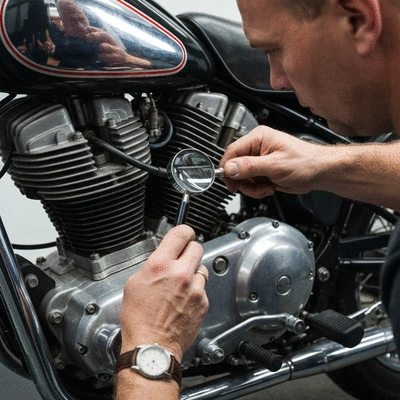 Professional mechanic inspecting a vintage chrome engine