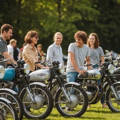 Group of diverse motorcycle enthusiasts gathered around classic bikes at a sunny outdoor event