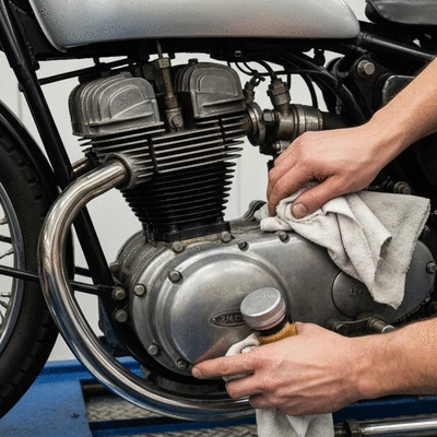 Vintage motorcycle engine being carefully cleaned and polished
