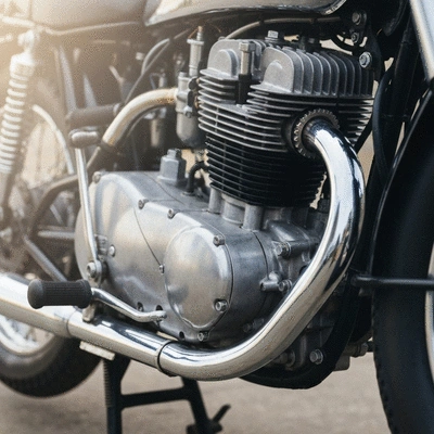 Detailed shot of a classic motorcycle engine and chrome parts