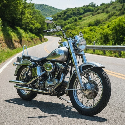 Classic Harley-Davidson motorcycle parked on a scenic road