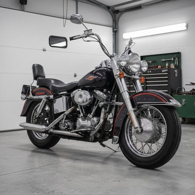 A beautifully restored classic motorcycle parked on a clean garage floor with tools neatly arranged nearby