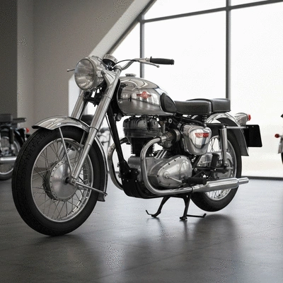 Classic motorcycle on display, polished chrome, vintage design, showroom lighting