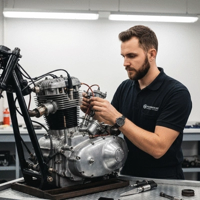 Mechanic carefully restoring a vintage motorcycle engine in a clean workshop