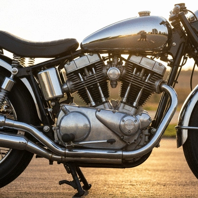 Close-up of a perfectly polished vintage motorcycle engine and chrome exhaust