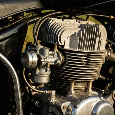 Close-up of a classic motorcycle engine detail showing chrome and craftsmanship