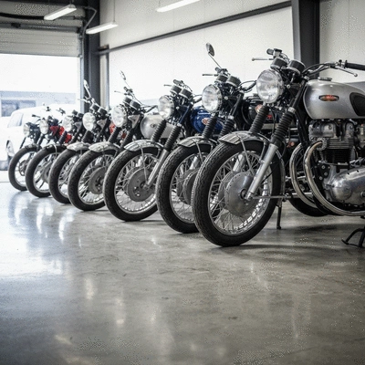 A row of perfectly restored vintage motorcycles in a clean garage