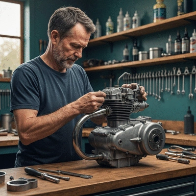 Mechanic working on a disassembled vintage motorcycle engine on a workbench, with tools and parts laid out neatly in a well-lit workshop