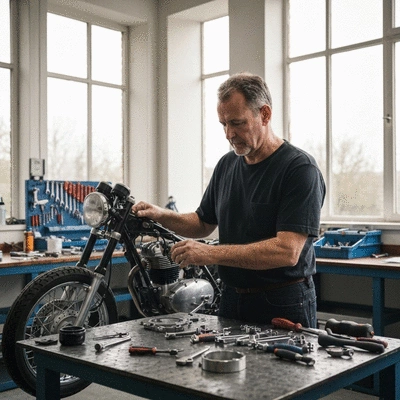 Person carefully assembling parts of a classic motorcycle in a well-lit workshop, hands-on activity, focus on tools and intricate details