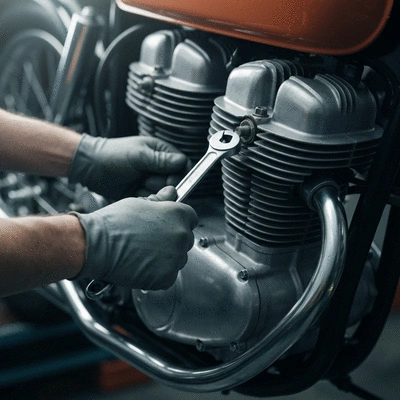 Close-up of a mechanic's gloved hands adjusting a vintage motorcycle engine with a wrench