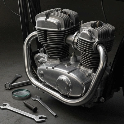 Professional restoration of a vintage motorcycle engine with polished chrome parts