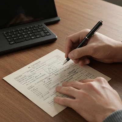 Close-up of a person filling out vintage motorcycle registration papers with a pen on a wooden desk